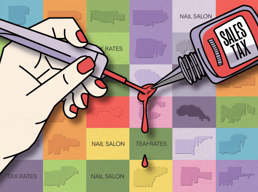 A hand painting a nail with a brush, with a nail polish bottle labeled "Sales Tax".