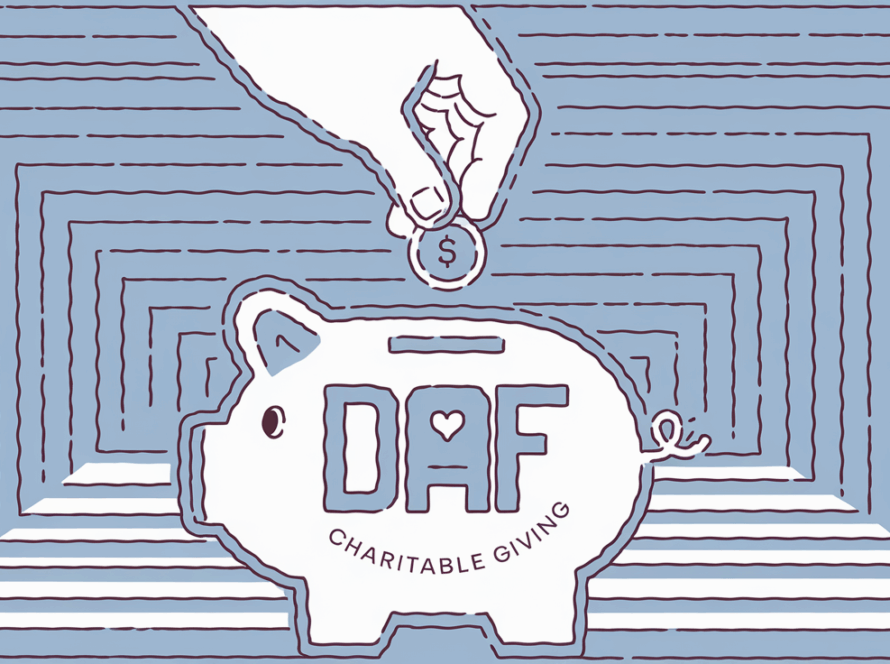 Block illustration of a hand dropping a coin into a stylized piggy bank with a heart symbol, representing a DAF and Charitable Giving.