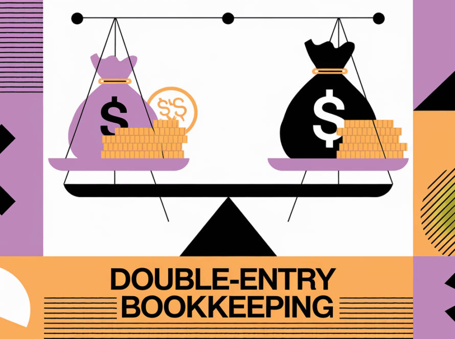 A block illustration of a balanced scale with money bags on both sides, representing the concept of double-entry bookkeeping.