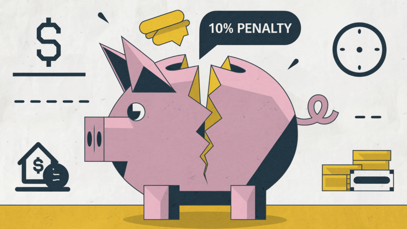 "Block illustration of a cracked piggy bank with a speech bubble saying '10% Penalty,' representing the consequences of early IRA withdrawal."