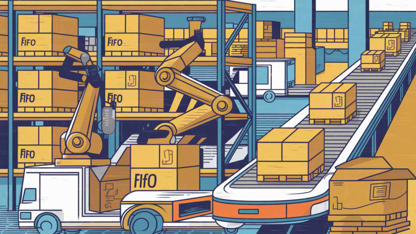 A colorful block illustration of an automated e-commerce warehouse with robots managing inventory.