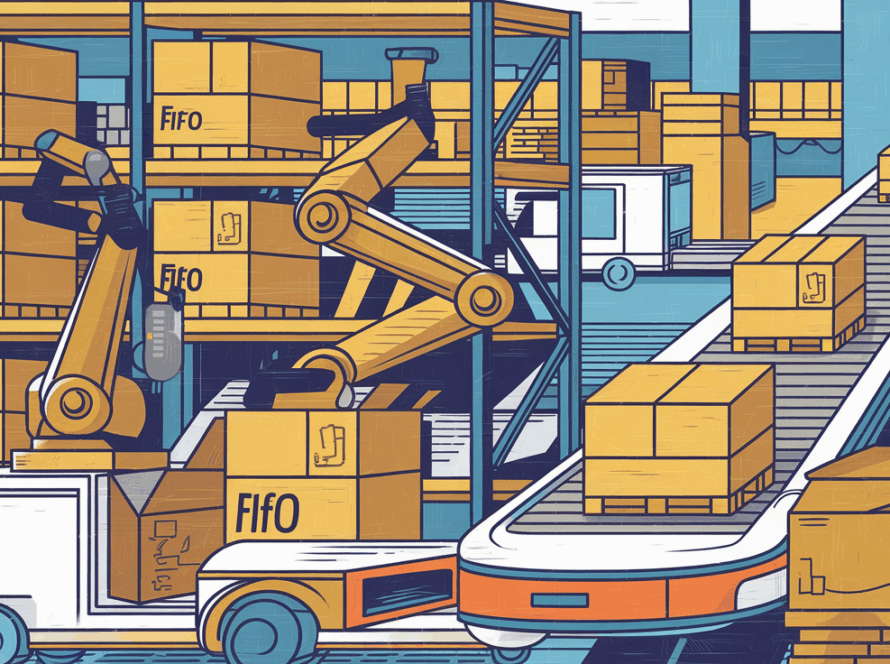 A colorful block illustration of an automated e-commerce warehouse with robots managing inventory.