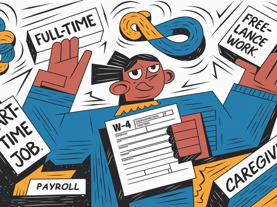 A person juggling multiple jobs and a W-4 form.