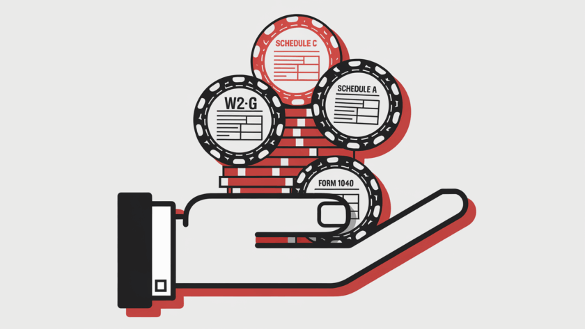 A hand holding poker chips labeled with tax forms.