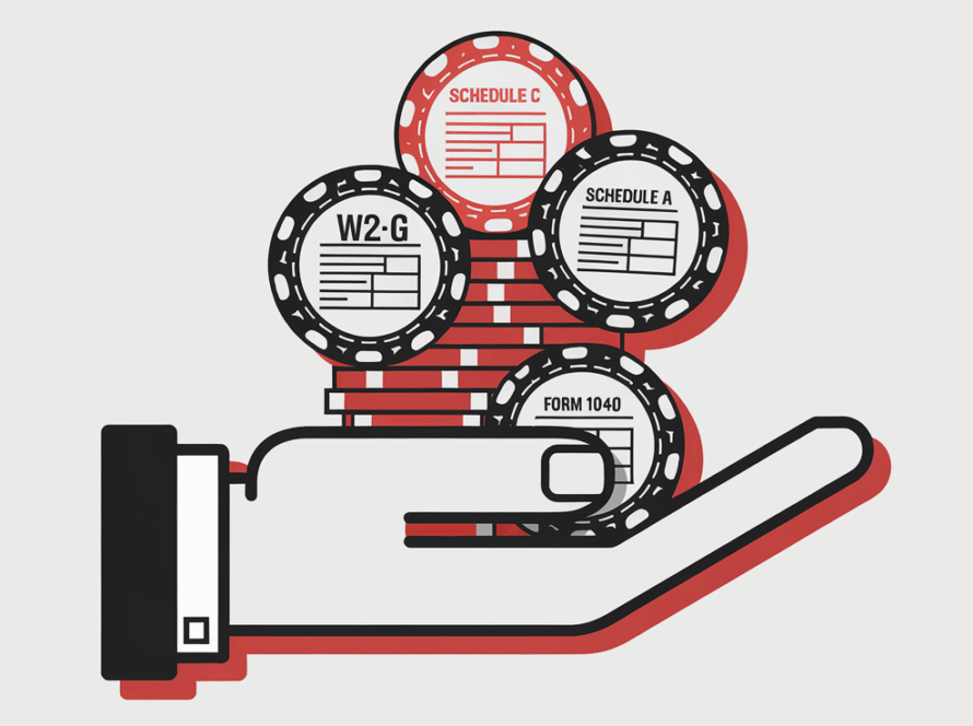 A hand holding poker chips labeled with tax forms.