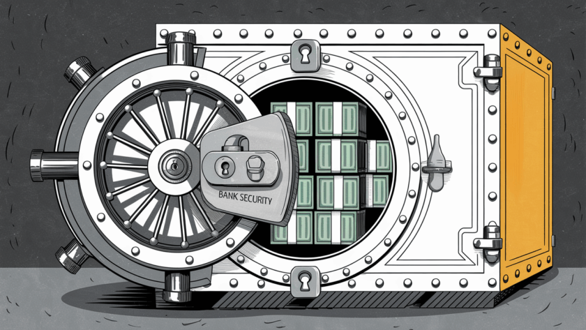 A stylized illustration of a bank vault, representing the security measures banks use to protect customer funds.