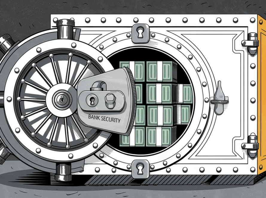 A stylized illustration of a bank vault, representing the security measures banks use to protect customer funds.