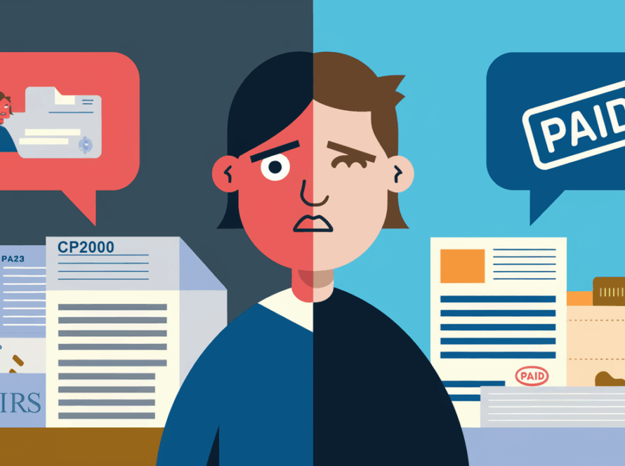 Block illustration contrasting a stressed taxpayer with a pile of tax papers and a relaxed taxpayer with organized records and a paid tax bill.