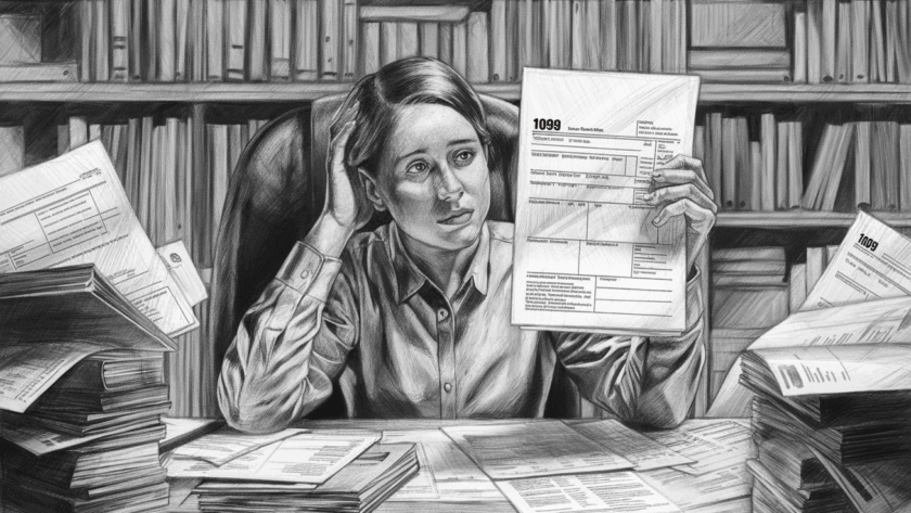 A pencil sketch of a person reviewing a 1099 form at a desk.