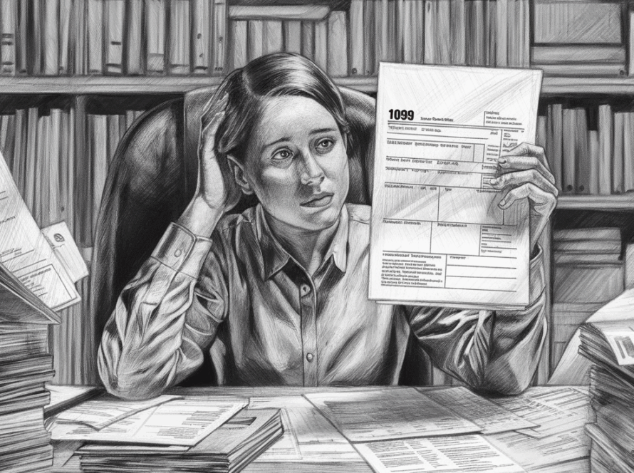 A pencil sketch of a person reviewing a 1099 form at a desk.