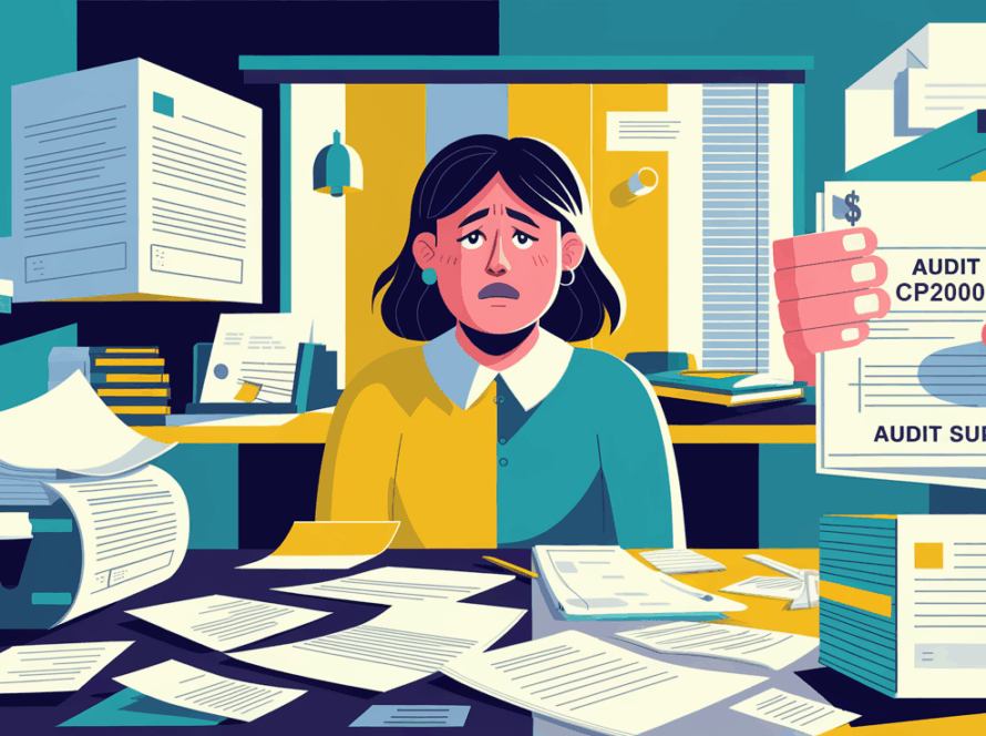 A block illustration contrasting a confused taxpayer with a calm tax expert who is organizing and explaining tax documents.