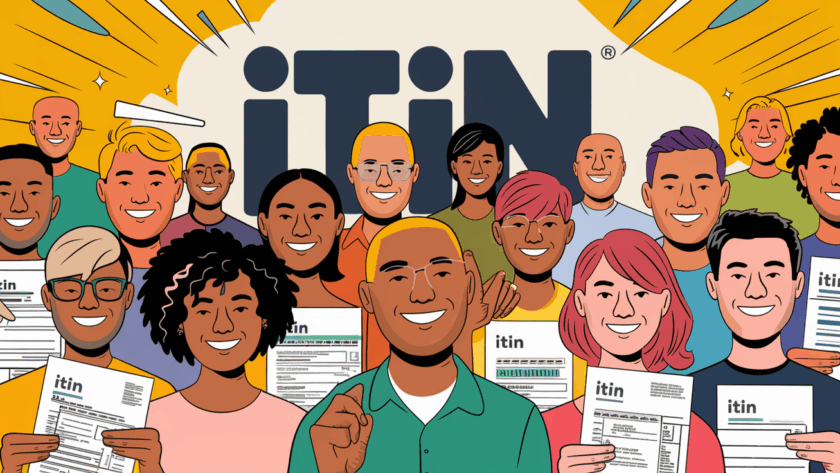 An advertising illustration of a diverse group of people smiling and holding tax documents, with a large "ITIN" graphic in the background.