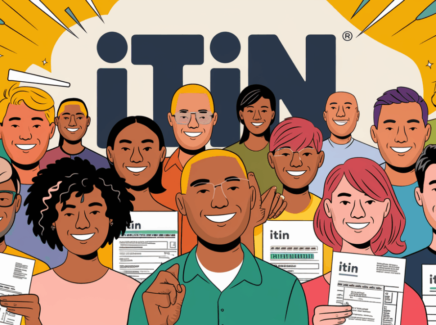 An advertising illustration of a diverse group of people smiling and holding tax documents, with a large "ITIN" graphic in the background.