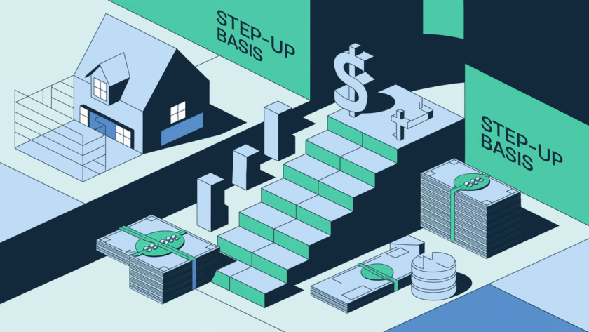 A block illustration depicting the intergenerational transfer of assets, with the "step-up basis" as a staircase raising the asset's value, including elements like a house, stocks, and money.