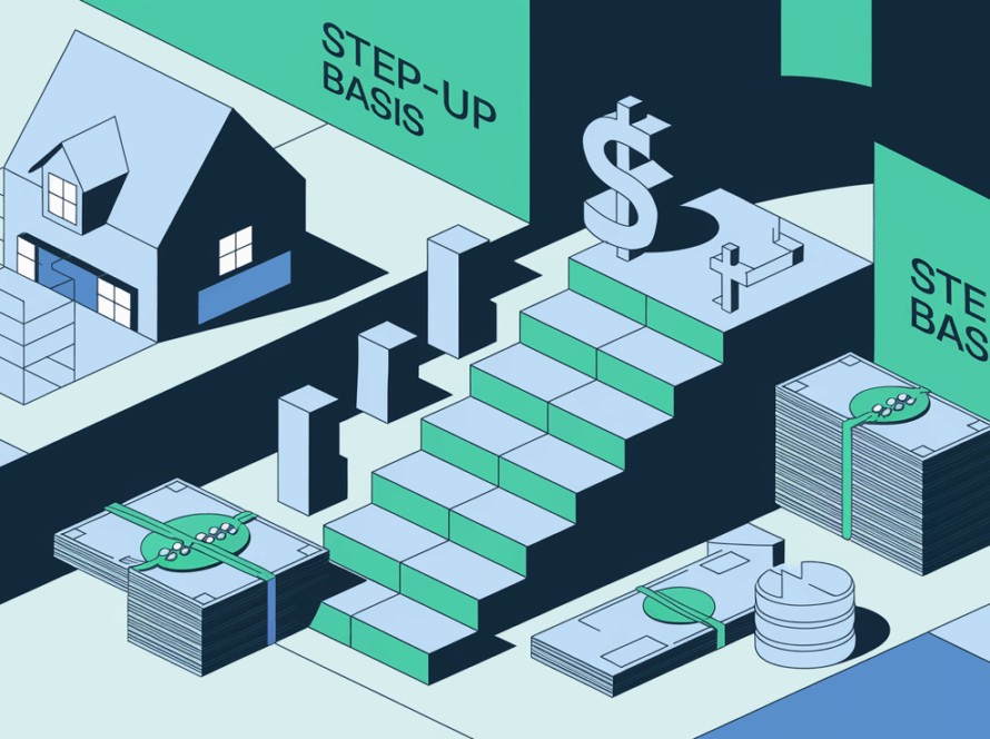 A block illustration depicting the intergenerational transfer of assets, with the "step-up basis" as a staircase raising the asset's value, including elements like a house, stocks, and money.