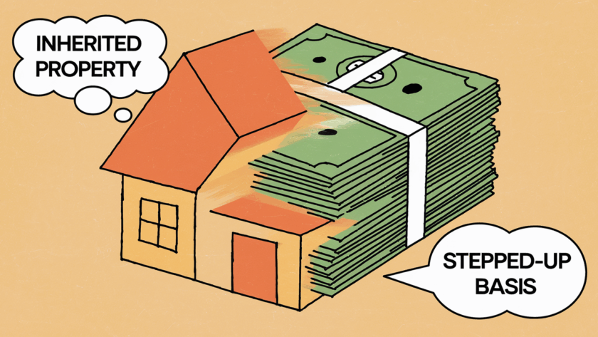 A house transforming into a stack of cash, illustrating the concept of stepped-up basis on inherited property.
