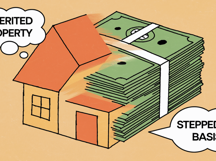 A house transforming into a stack of cash, illustrating the concept of stepped-up basis on inherited property.