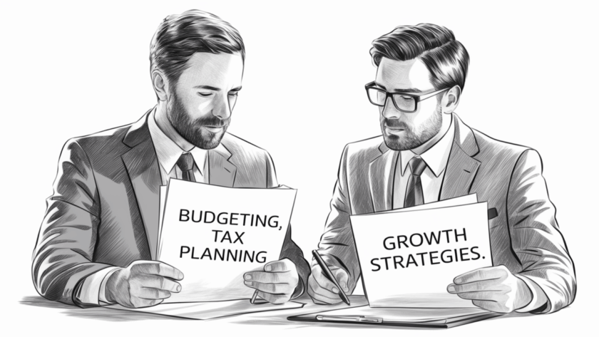 A detailed pencil sketch of an insurance agent and financial advisor discussing financial plans.