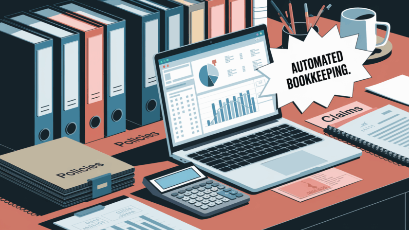 A stylized illustration of an organized desk with bookkeeping tools and the text "Automated Bookkeeping."