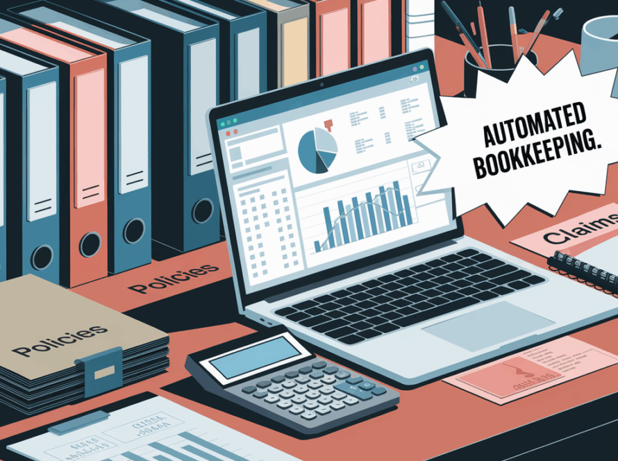 A stylized illustration of an organized desk with bookkeeping tools and the text "Automated Bookkeeping."