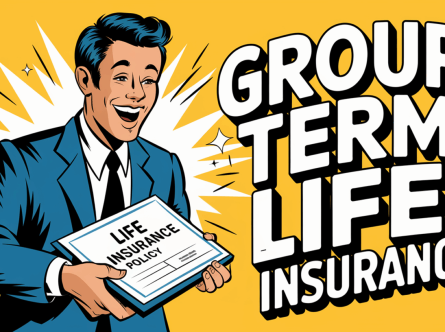 A retro-style advertising illustration of a happy employee receiving a life insurance policy from their employer, highlighting the benefit as a positive perk.
