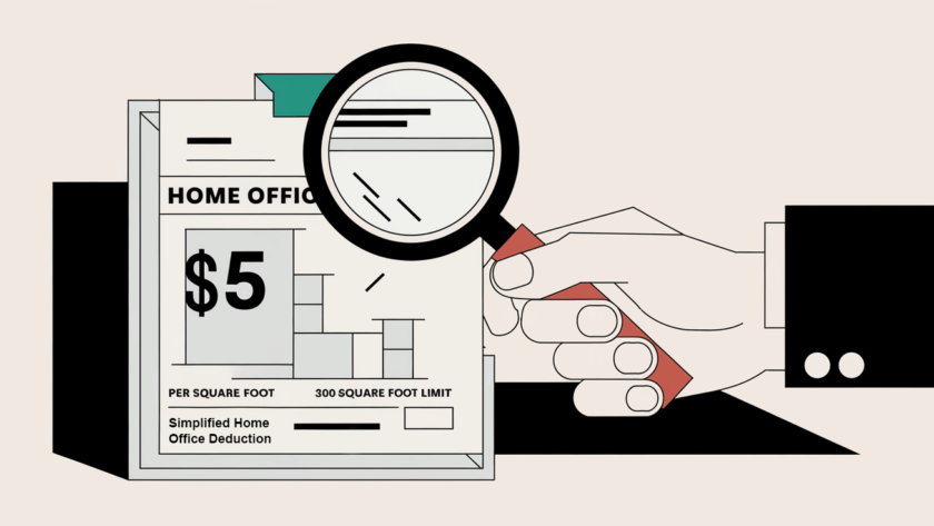 A hand holding a magnifying glass over a stylized home office deduction form.