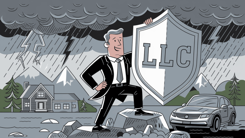 An advertising illustration of a confident business owner holding an "LLC" shield, protecting personal assets from a storm of liabilities.