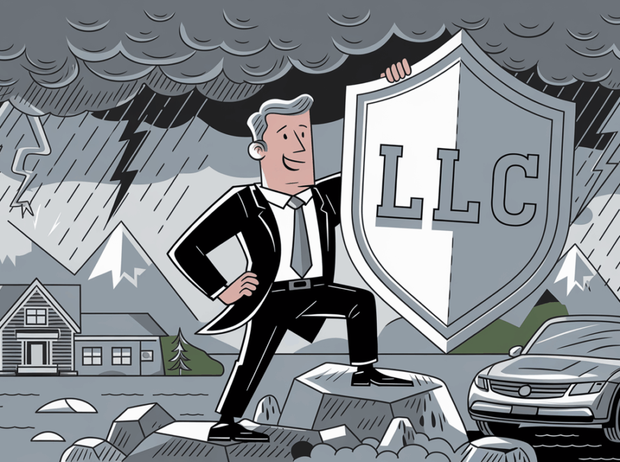 An advertising illustration of a confident business owner holding an "LLC" shield, protecting personal assets from a storm of liabilities.