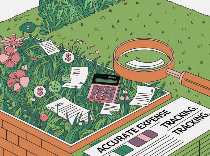 A vibrant block illustration of a landscape with hidden financial symbols, emphasizing the importance of expense tracking.