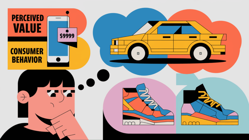 A graphic of a person thinking about products and prices.