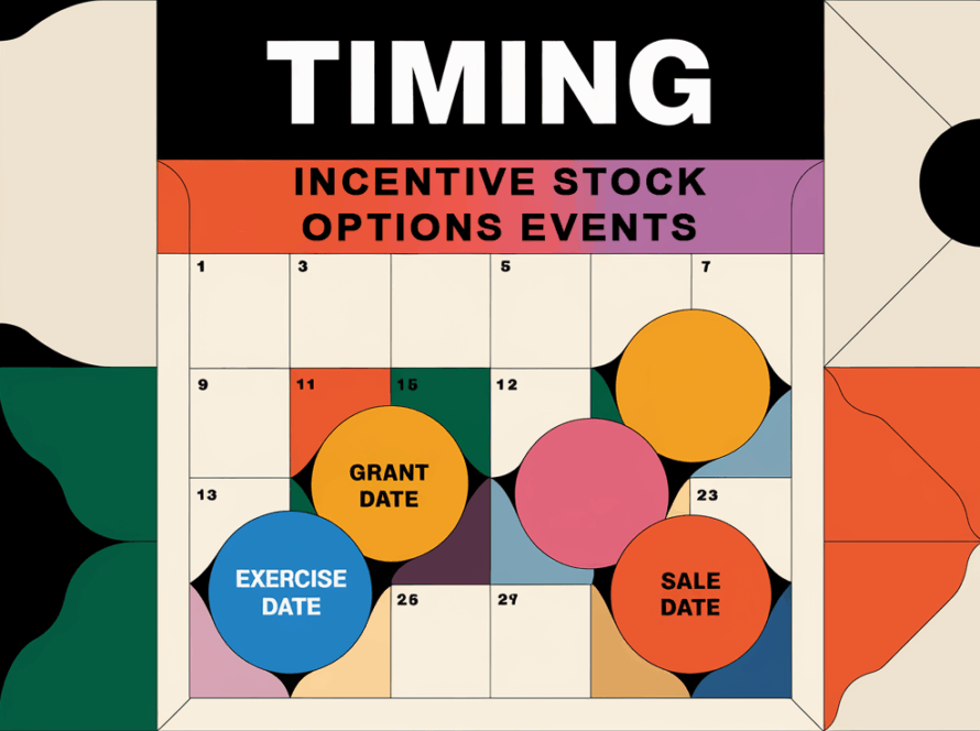 A stylized calendar with icons representing ISO grant, exercise, and sale dates.
