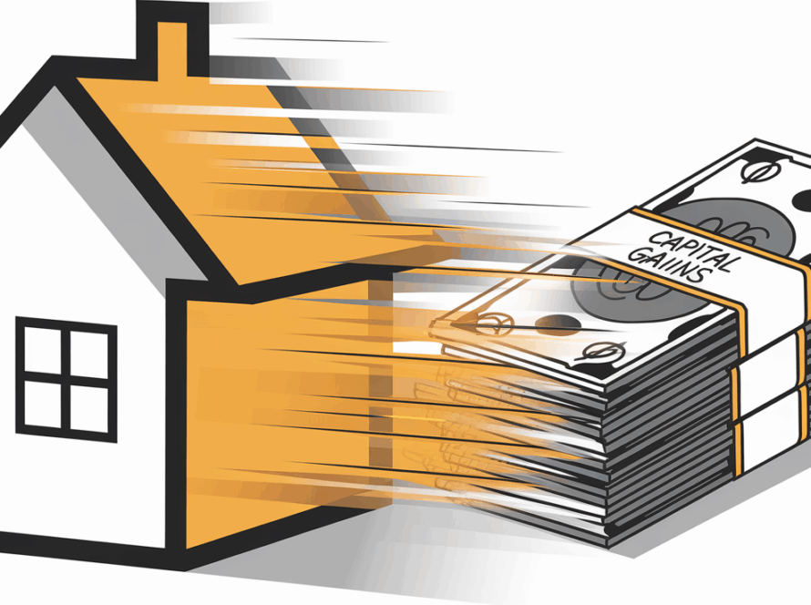 A house turning into a stack of money, representing capital gains from a home sale.