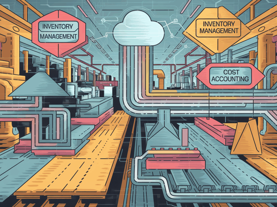 Vector line art of a manufacturing assembly line as a data stream.