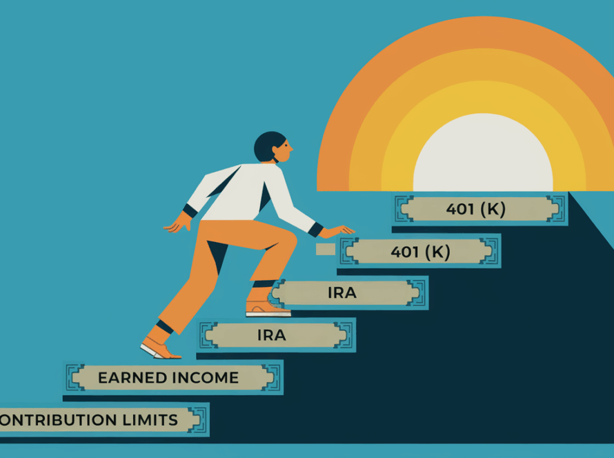 A person climbing stairs of money towards retirement.