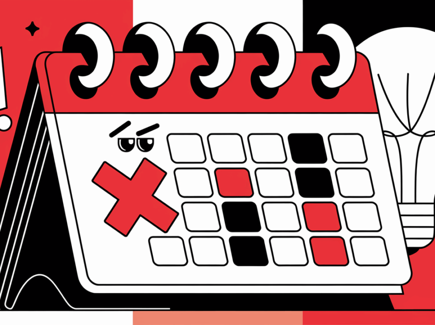 A block illustration depicting a missed tax deadline on a calendar with symbols of stress and solutions.