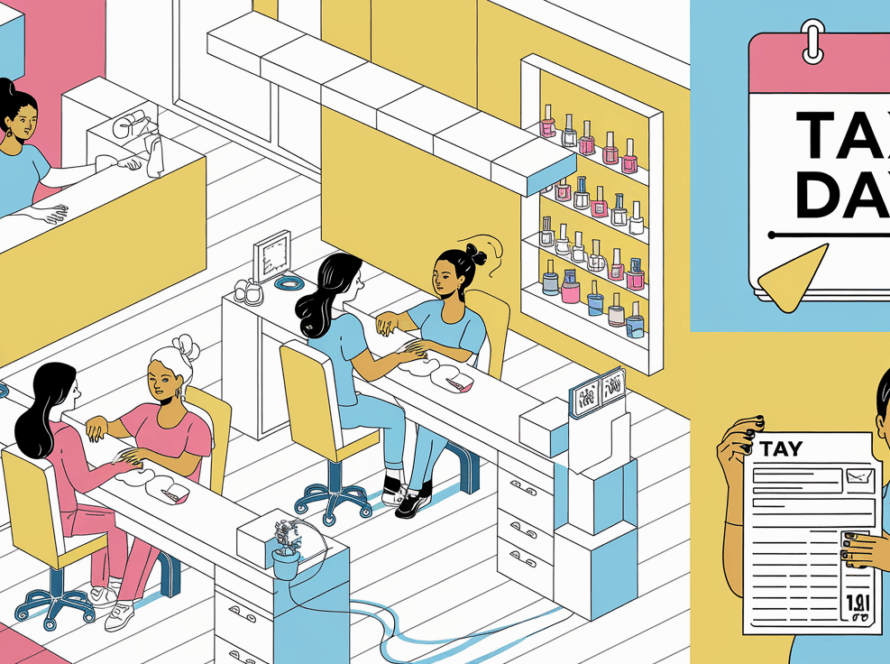 Vector block illustration of a bustling nail salon with tax preparation elements.