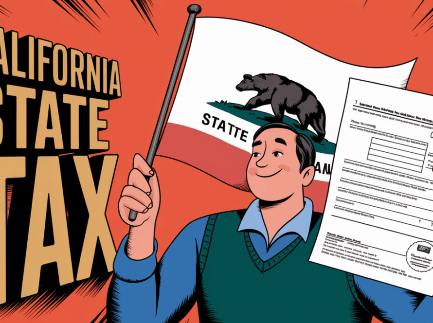 An advertising illustration featuring a cheerful taxpayer confidently examining a California tax form