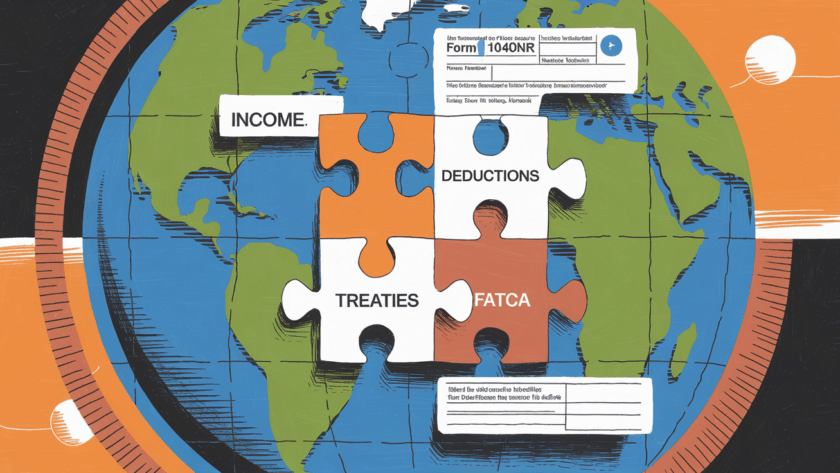 A globe made of puzzle pieces labeled with tax-related terms.