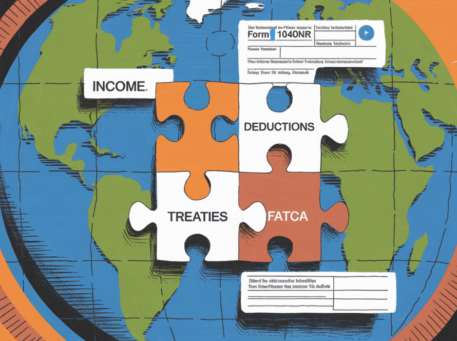 A globe made of puzzle pieces labeled with tax-related terms.