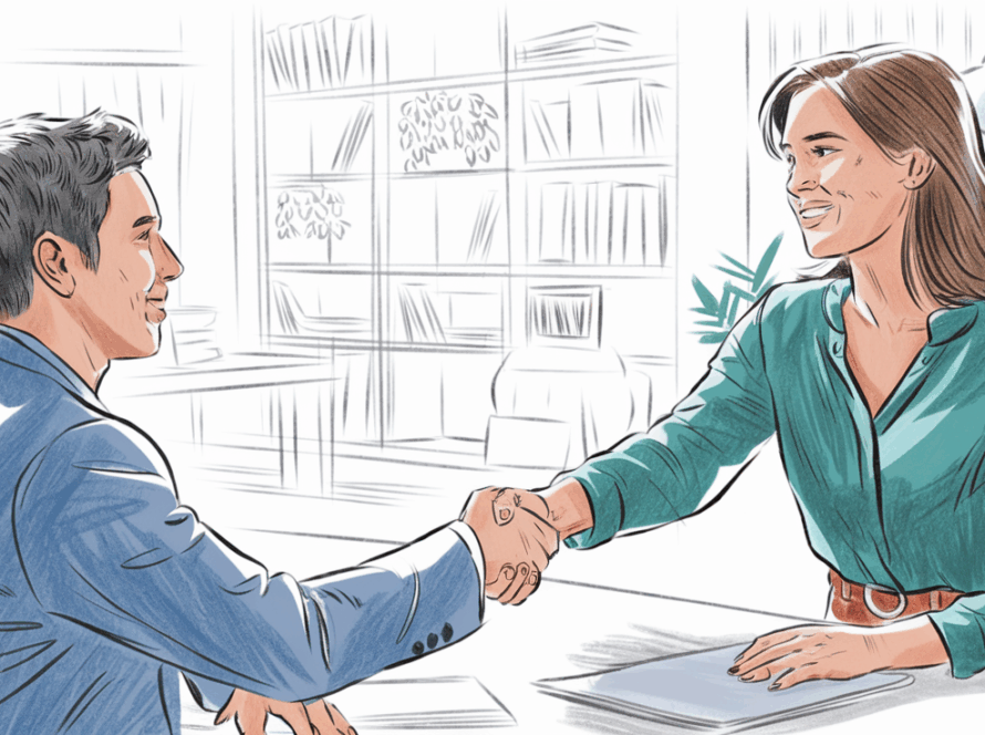 Pencil illustration of a business negotiation, emphasizing the human element of acquisitions.