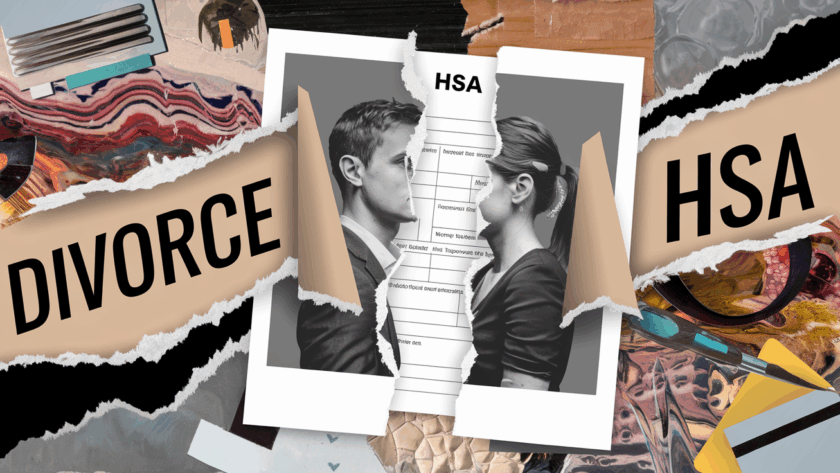 Collage of a torn photograph revealing an HSA form, symbolizing divorce.