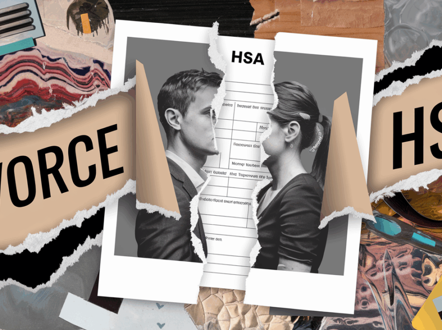 Collage of a torn photograph revealing an HSA form, symbolizing divorce.
