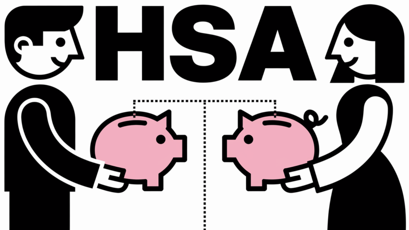 Two figures with piggy banks representing HSAs, connected by a line labeled "Contribution Limit".