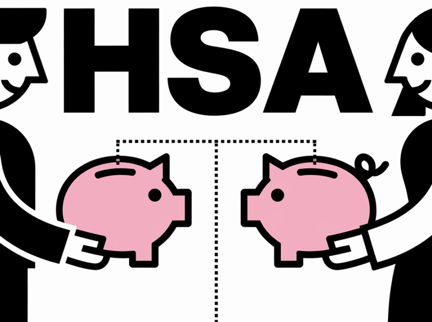 Two figures with piggy banks representing HSAs, connected by a line labeled "Contribution Limit".