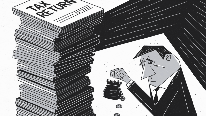 A worried taxpayer overshadowed by a large stack of tax paperwork.