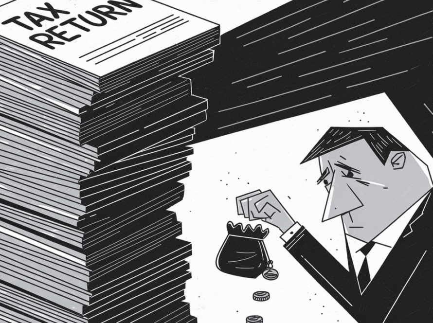 A worried taxpayer overshadowed by a large stack of tax paperwork.
