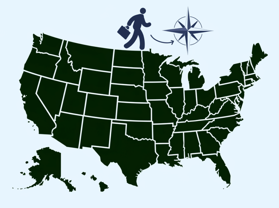 A graphic of the United States with different colors and connecting lines, representing state income tax variations and reciprocity agreements.