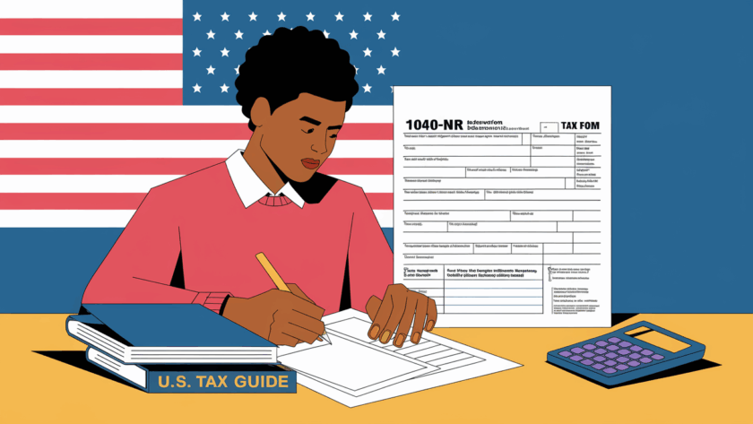 A block illustration of a Canadian student completing a 1040-NR tax form.