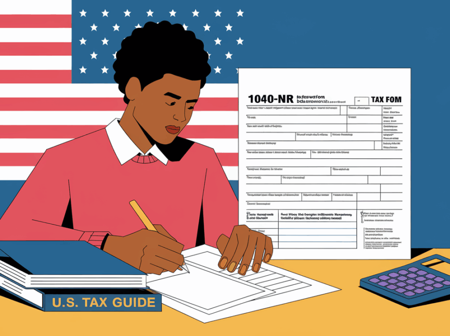 A block illustration of a Canadian student completing a 1040-NR tax form.