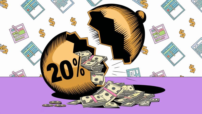 A golden egg cracking open to reveal cash, with "20%" etched on the shell.